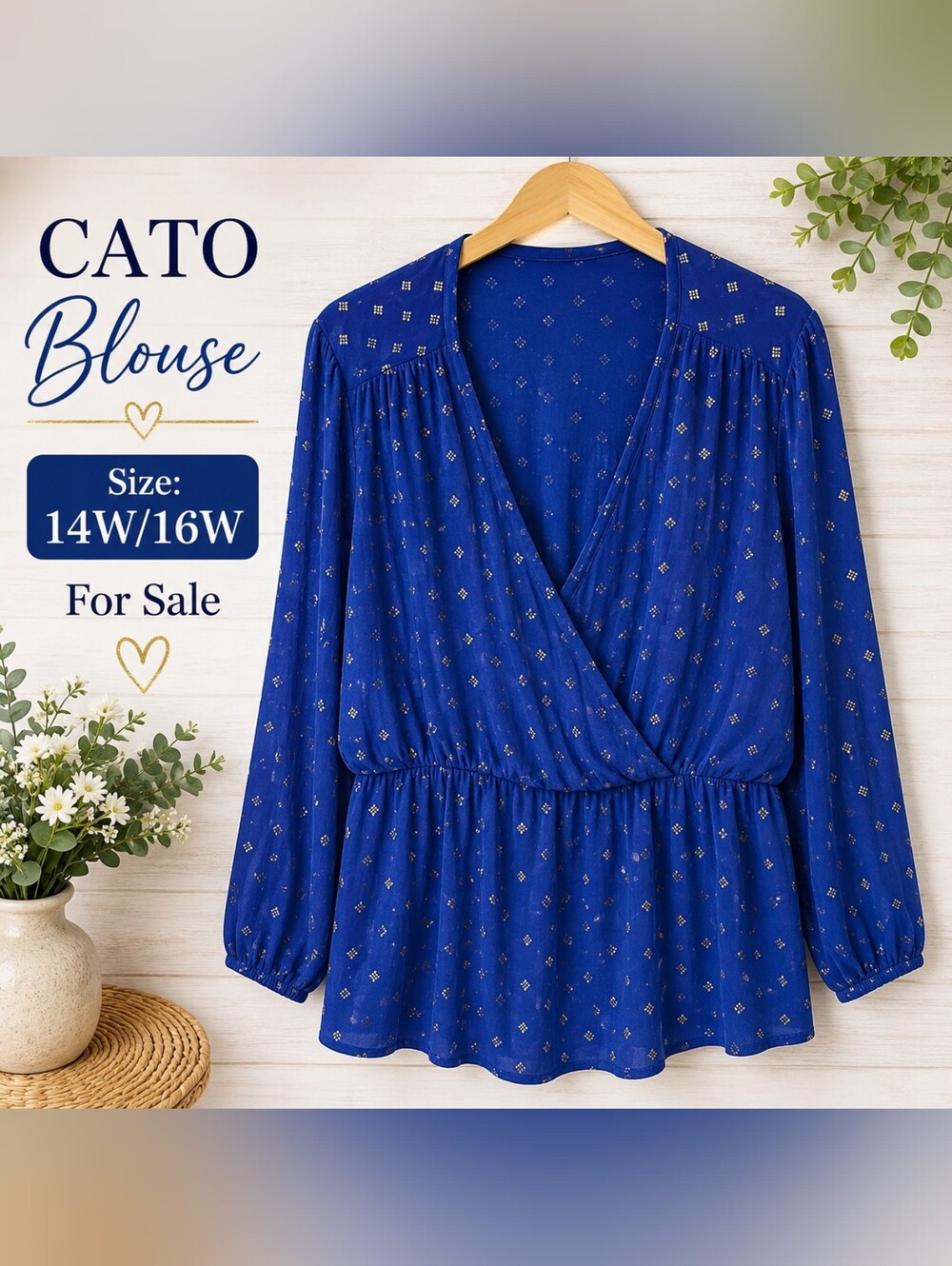 Cato Royal Blue Wrap-Front Blouse with Metallic Dot Print